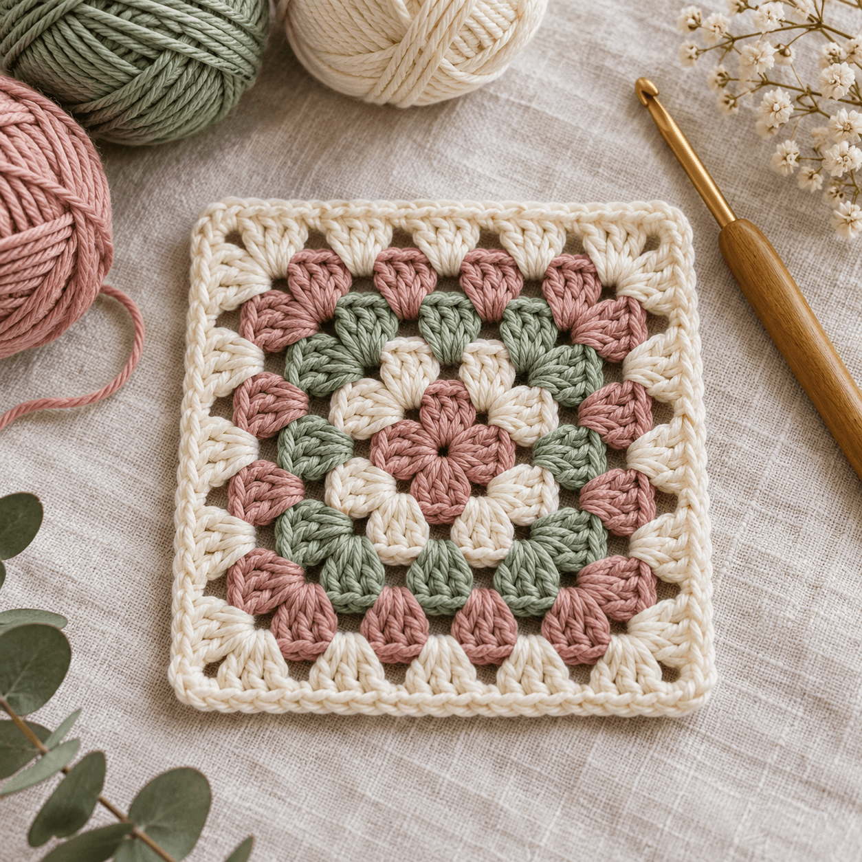 Colorful crochet granny square worked in cream, sage, and pink yarn